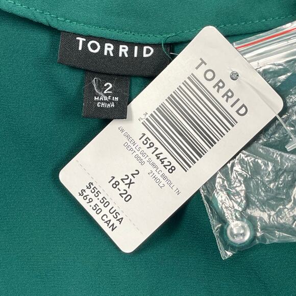 Torrid Top Womens 2X 18-20 Emerald Green Georgette Wrap Surplice Tunic Babydoll - Picture 13 of 16